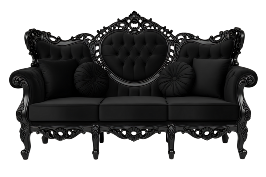 Ornate black velvet tufted sofa with decorative carved wood frame isolated on transparent background