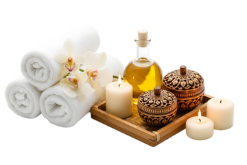 Spa essentials with rolled towels, orchid, oil, and candles on a tray isolated on transparent background