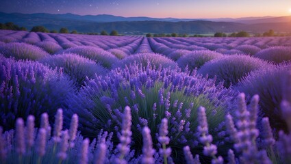 Obraz premium Lavender Field Blooming at Sunset with Mountain Backdrop and Stars
