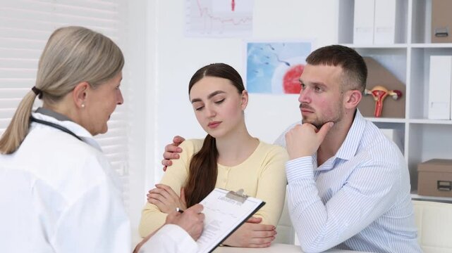 In vitro fertilization (IVF). Couple having appointment with doctor in reproductive clinic