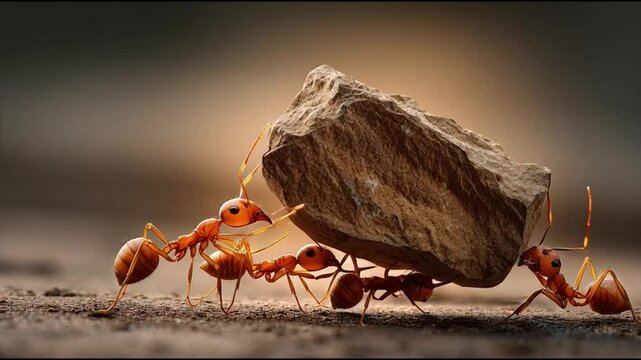 Close-up shot of ants collectively working together to carry a large rock, demonstrating teamwork and strength