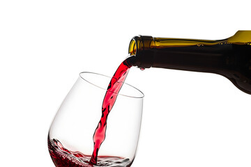 Red wine being poured into a glass from a bottle isolated on transparent background