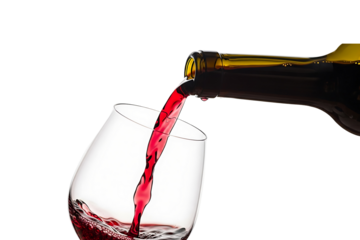 Red wine being poured into a glass from a bottle isolated on transparent background