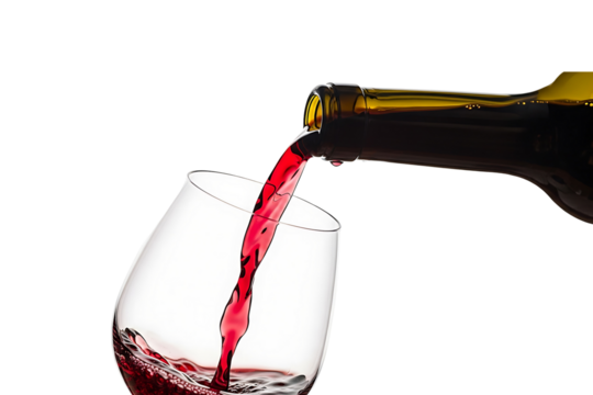Red wine being poured into a glass from a bottle isolated on transparent background