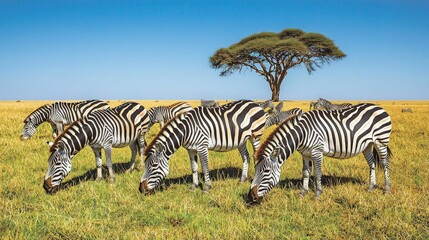 Zebras graze in African savanna under a large tree