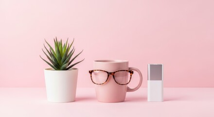 Still life featuring a mug with glasses, plant, and object on a pink tone