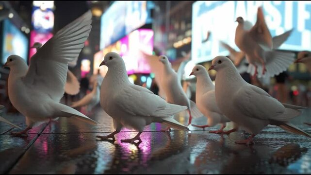 A flock of white doves gathered, bringing a sense of peace and freedom. Their bright feathers contrast with the bright lights and the wet pavement