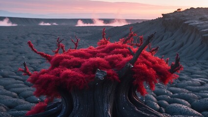 Red Plant Growth on Dark Terrain with Vapors at Sunset