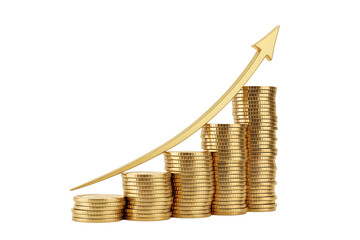 Golden coins stacked in a rising graph with an upward arrow isolated on transparent background