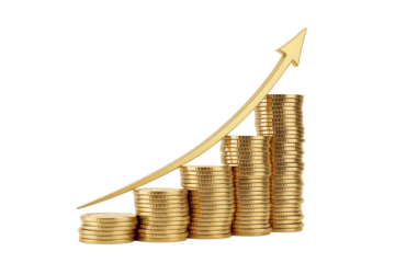 Golden coins stacked in a rising graph with an upward arrow isolated on transparent background