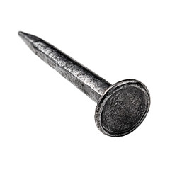 Metal Nail on White Background: A close-up image of a weathered, single metal nail with a wide, flat head and a sharp point, revealing details.