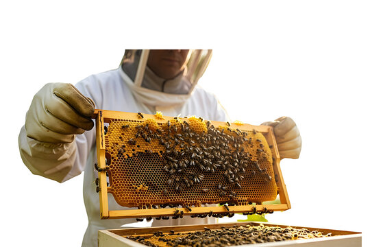 A beekeeper in protective gear holds a frame full of bees isolated on transparent background