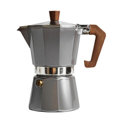Morning Brew: A detailed shot of an elegant silver coffee maker with a dark wooden handle and knob, ready to brew a perfect cup of coffee.