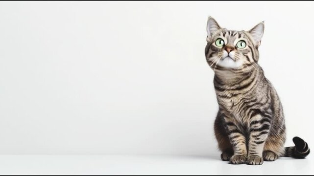 A curious cat sitting elegantly, staring upwards with attentive eyes, revealing its unique patterns