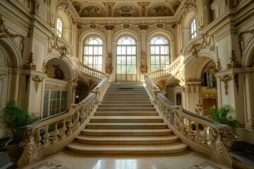 Sunlight illuminates an elegant marble staircase with ornate balustrades, leading up to large arched windows in a luxurious building, creating a sense of grandeur