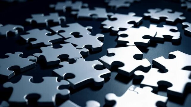 Scattered metallic puzzle pieces on a dark background symbolizing strategy, problem solving, and teamwork