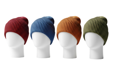 Four colorful knitted beanies displayed on white mannequins isolated on transparent background