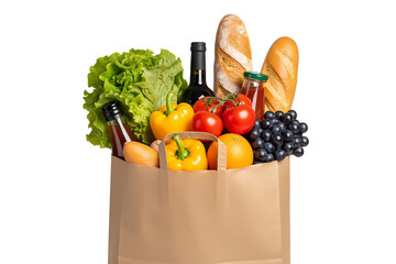 A brown paper grocery bag filled with fresh food items isolated on transparent background