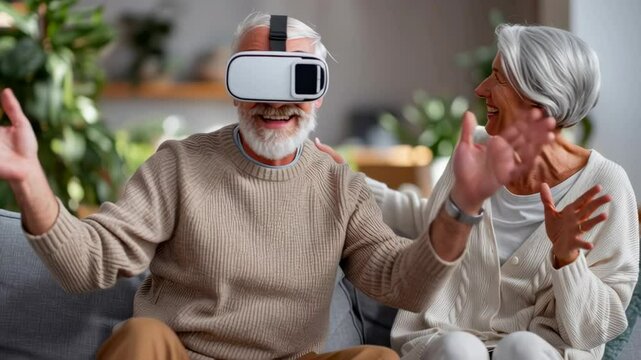 A senior couple shares a joyful moment with virtual reality technology at home.
