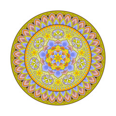 Round floral multicolor pattern, wall or page decoration. Stylized round floral borders. Mandala. PNG with transparent background.