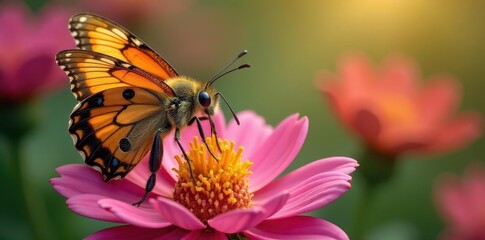 Obraz premium Close-up of colorful butterfly, bee, ladybug, and other insects on flower , butterfly, ladybug