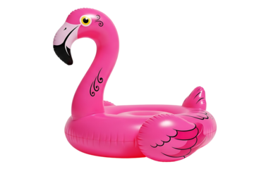 A pink inflatable flamingo pool float isolated on transparent background