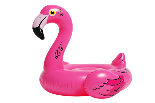 A pink inflatable flamingo pool float isolated on transparent background