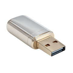 USB Drive's Metallic Charm: A sleek, silver and gold USB drive rests angled, its shiny surface gleaming, highlighting its functionality and modern design.