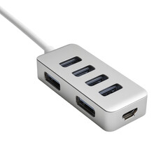 USB Hub for Connectivity: A sleek, silver USB hub with multiple ports, designed to streamline and simplify your digital connectivity needs.