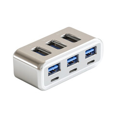 USB Hub: A close-up shot showcases a modern USB hub, featuring multiple ports in a sleek and efficient design, perfect for expanding connectivity in the digital age.