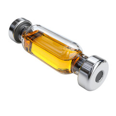 Pharmaceutical Vial: A detailed, photorealistic shot of a sealed pharmaceutical vial, filled with a clear yellow liquid.