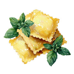 Ravioli with basil art on transparent Background
