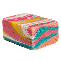 Colorful Soap Block: An eye-catching close-up showcases a rectangular soap block, swirled with vibrant streaks of color, inviting a sensory experience and suggesting cleanliness and freshness.