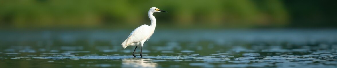 Obraz premium Egret standing in shallow water with feet spread wide, reflection, wading, water