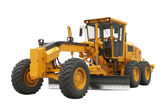 Yellow motor grader construction equipment isolated on transparent background