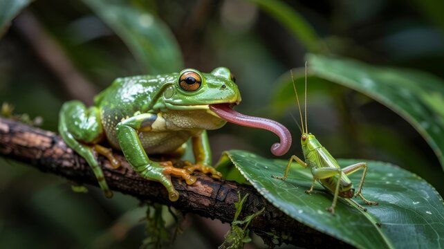 Green tree frog with long tongue reaches for a grasshopper on a branch - Powered by Adobe