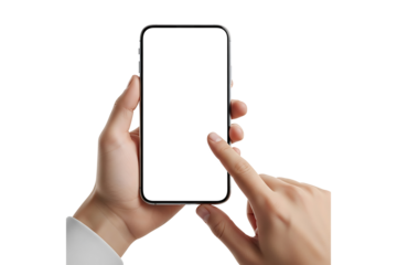 A hand holding a smartphone with a blank white screen isolated on white isolated on transparent background