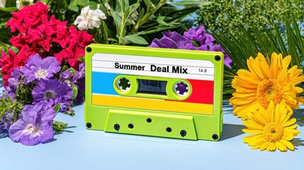Vibrant Neon Summer Deal Mix Tape amidst Nostalgic Props with Copy Space for Summer Sale and Mid-Year Promotion
