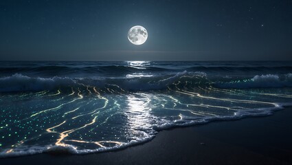 Ocean Waves at Night Under a Full Moon with Starry Sky