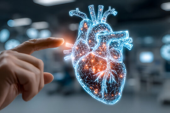 Close-up of a digital holographic heart being examined by a doctor or researcher, showcasing futuristic medical technology and advanced cardiology diagnostics.