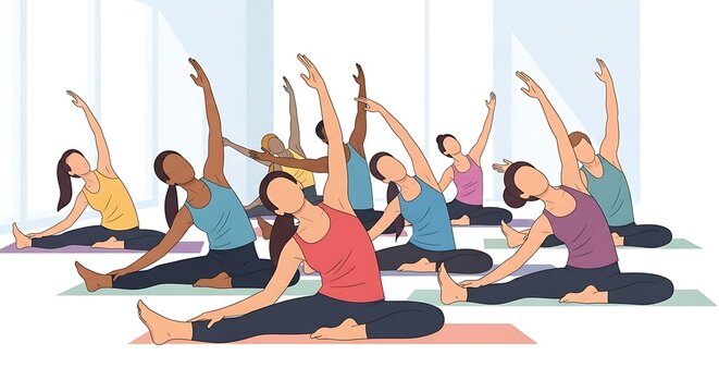 Diverse group of people practicing yoga indoors to promote wellbeing and flexibility