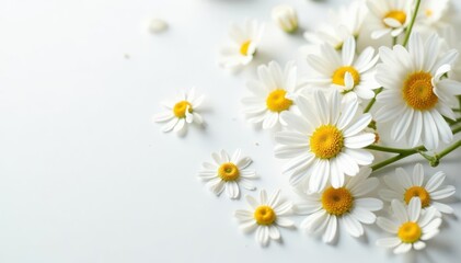 Fototapeta premium Delicate chamomile petals floating against pure white backdrop , remedy, wallpaper