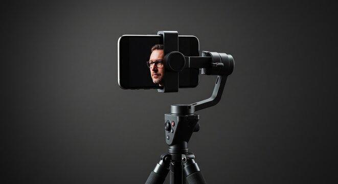 Business professional presents himself on a smartphone attached to a gimbal, ready for a digital stream or conference call.