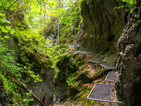 Metal grid steps via ferrata in Tatra mountain forest - Slovensky Raj Sucha Bela trail