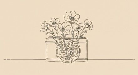 Camera Lens Blooming with Flowers - Minimalist Line Art