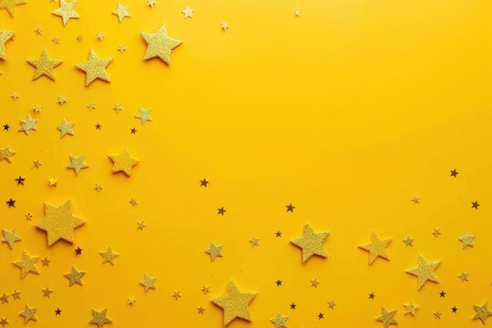 Golden glitter stars creating a festive border on a vibrant yellow background, perfect for celebrations and holidays - Powered by Adobe