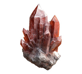 A large, red crystal formation sits on a white background