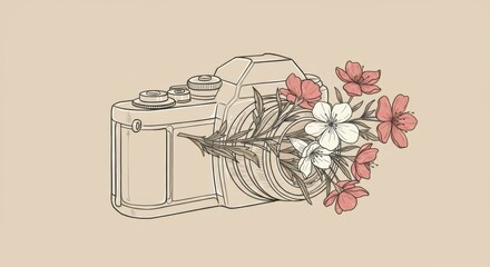 Camera with Blooming Flowers in Minimalist Line Art