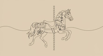 Minimalist Carousel Horse Line Art with Floral Accents