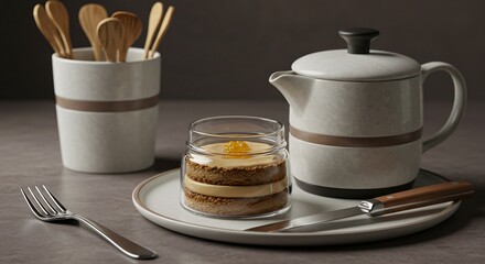 Still life of dessert in a jar with teapot, utensils and wooden spoons in a ceramic container
